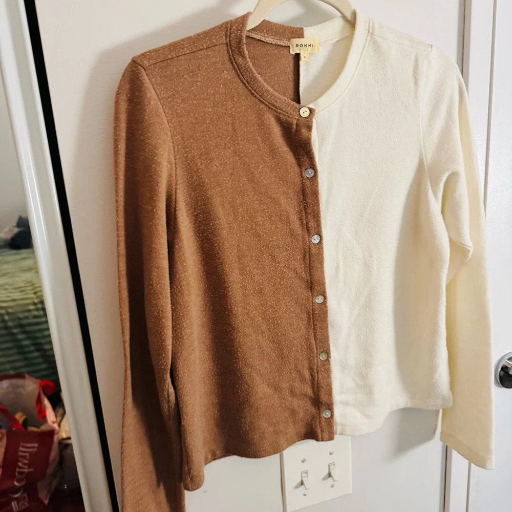 DONNI tan & off white colorblock two tone cardigan - Picture 6 of 6